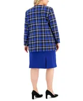 Kasper Plus Size Crewneck Chiffon Sleeve Knit Top Plaid Open Front Blazer Box Pleat Zip Back Pencil Skirt