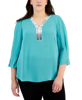 Jm Collection Plus Sequined-Neck 3/4-Sleeve Top