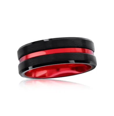 Black & Red Stripe Tungsten Ring - Matte Polished