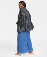 On 34th Plus Size Metallic Plaid Tweed Blazer Ribbed T Shirt Wide Leg Jeans Created For Macys