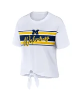 Women's Wear by Erin Andrews White Michigan Wolverines Striped Front Knot Cropped T-shirt