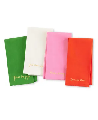 kate spade new york Holiday Cheers Cloth Napkins 4-Pack Set, with Metallic Holiday Quotes, 20" x 20"