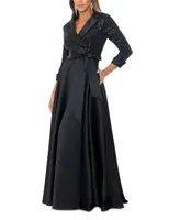 Xscape Women's Sequined Tuxedo Belted Ball Gown