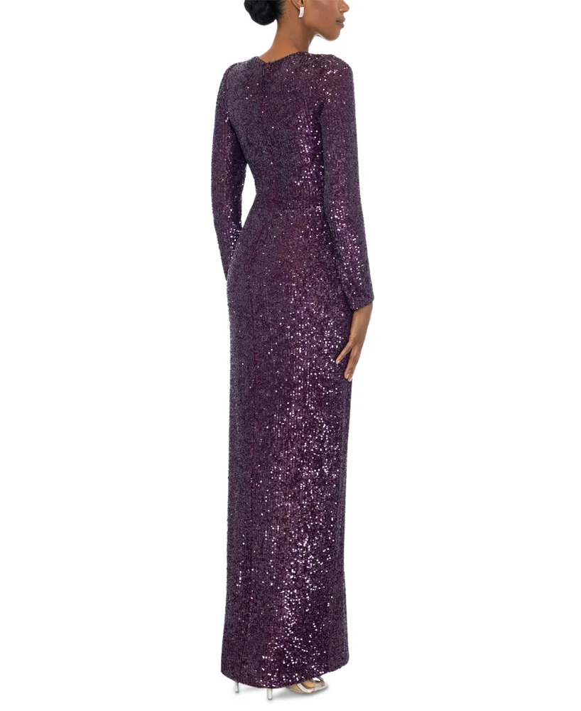 Xscape Women's Sequin Long-Sleeve Side-Slit Dress