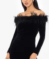 Xscape Women's Off-The-Shoulder Feather-Trim Velvet Gown