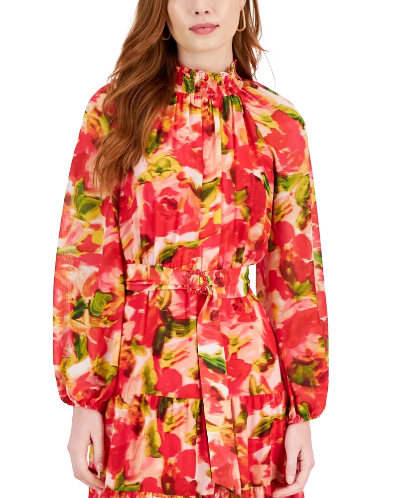 Taylor Women's Printed Chiffon Smocked Mock Neck Maxi Dress