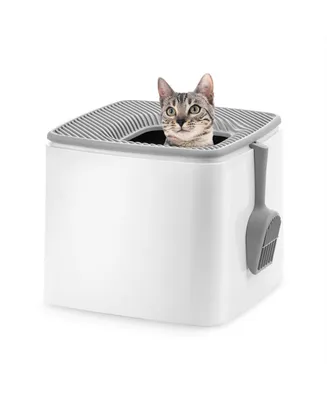 Iris Usa Premium Top Entry Cat Litter Box Litter Particle Catching Cover and Privacy Walls with Scoop, White