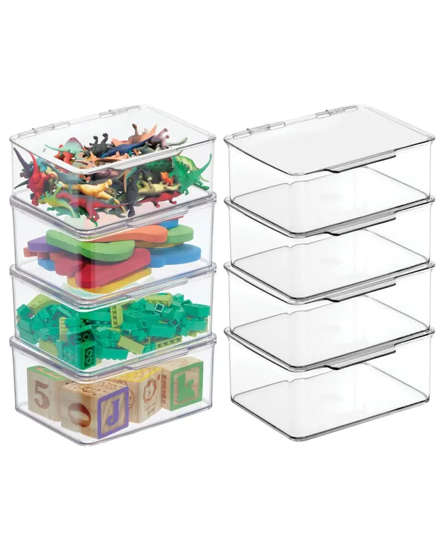 MDesign Plastic Stackable Toy Storage Bin Box, Hinge Lid, 4 Pack - Clear