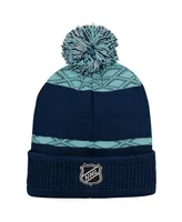 Big Boys and Girls Deep Sea Blue Seattle Kraken Puck Pattern Cuffed Knit Hat with Pom