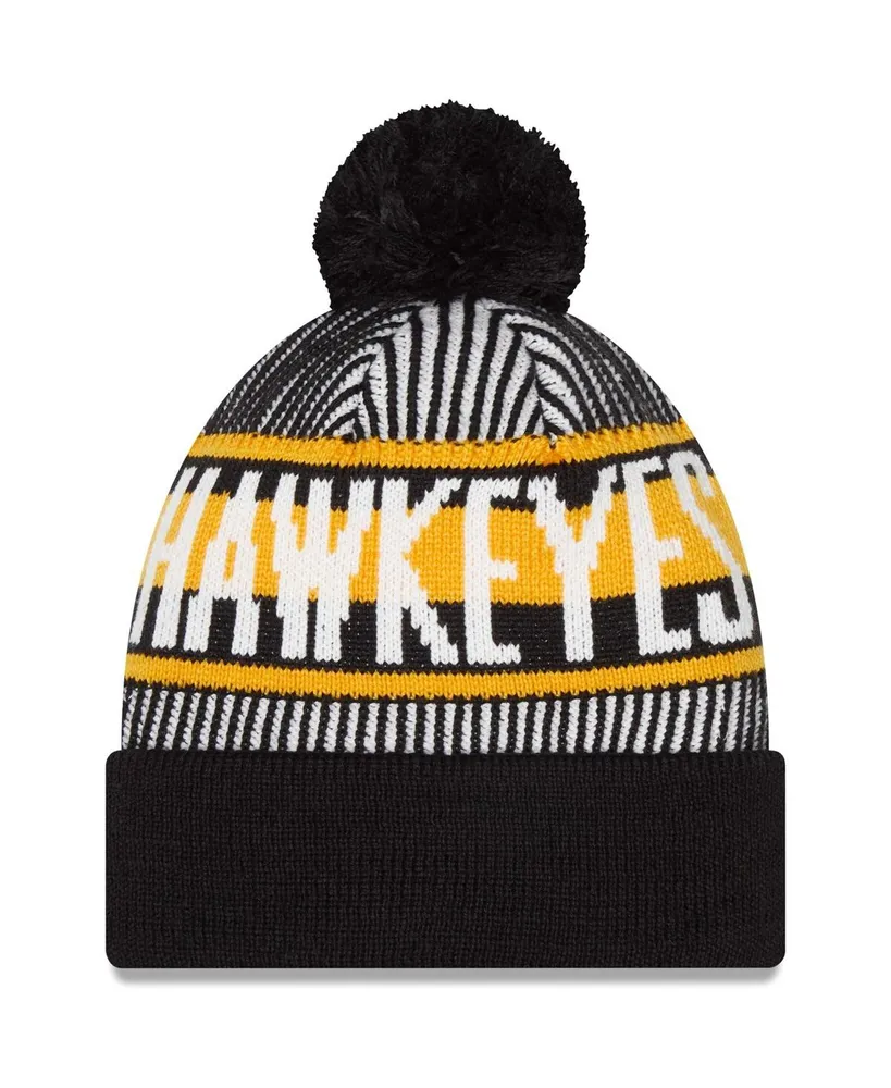 Men's New Era Black Iowa Hawkeyes Logo Striped Cuff Knit Hat with Pom