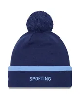 Men's New Era Navy Sporting Kansas City Wordmark Kick Off Cuffed Knit Hat with Pom