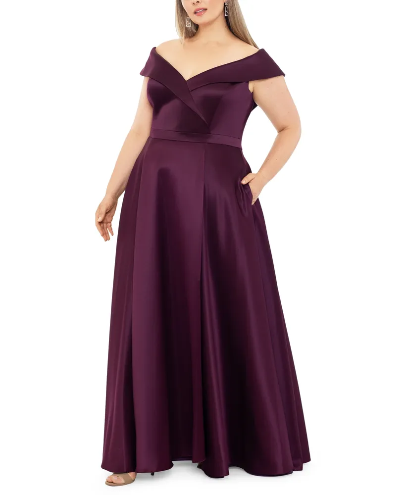Xscape Plus Size Satin Off-The-Shoulder Front-Slit Gown