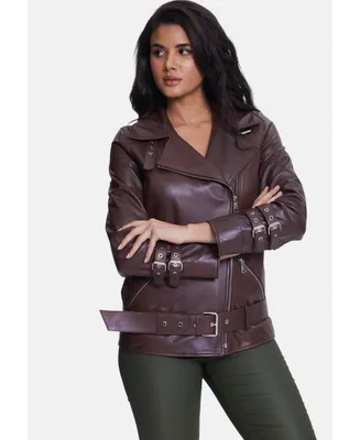 Furniq Uk Women's Genuine Leather Belted Biker Jacket,Nappa Brown