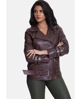 Furniq Uk Women's Genuine Leather Belted Biker Jacket,Nappa Brown