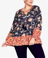 Avenue Plus Size Imari Spliced Long Sleeve Top