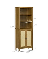 Homcom Rustic Bookshelf with Cabinet & Rattan, Tall Bookshelf Library, Wooden Bookcase with Doors and Shelves, Study Living Room Home Office, Walnut