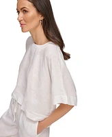 Dkny Linen Drop Shoulder Short Sleeve Top