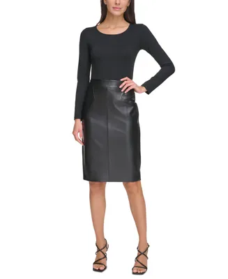 Dkny Petite Faux Leather Mixed Media Pencil Skirt
