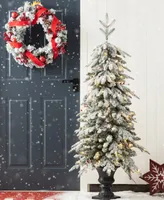 Glitzhome 5' Pre-Lit Flocked Fir Artificial Christmas Porch Tree with 150 Warm White Lights and Red Berries