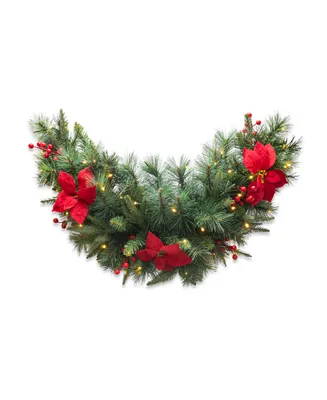 Glitzhome 3' Pre-Lit Greenery Pine Poinsettia and Red Berries Christmas Swag with 50 Warm White Lights and Timer