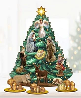 Designocracy Nativity Themed Wooden Christmas Tree with Ornaments Set of 13 G. DeBrekht