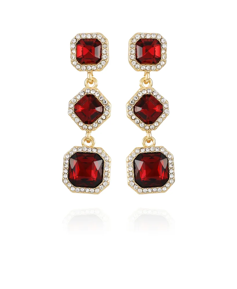 T Tahari Gold-Tone Dark Red Glass Stone Drop Earrings