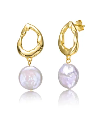 Genevive Sterling Silver 14k Yellow Gold Plated with White Coin Freshwater Pearl Twisted Halo Circle Dangle Drop Earrings
