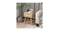 Modern Rattan Nightstand with Drawer and Solid Wood Legs for Bedroom and Living Room