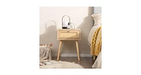 Modern Rattan Nightstand with Drawer and Solid Wood Legs for Bedroom and Living Room