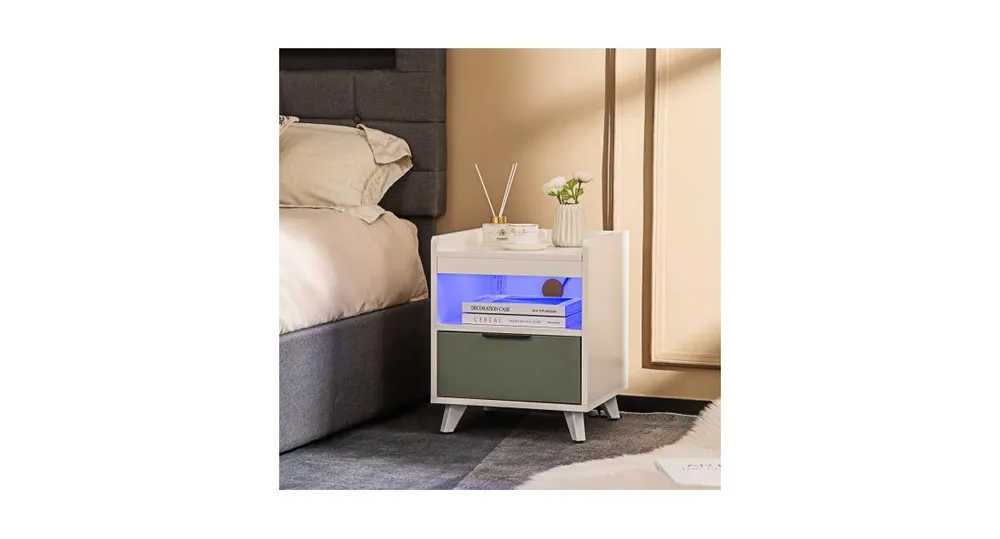 Modern Nightstand with Led Lights Sliding Drawer and Open Compartment-White