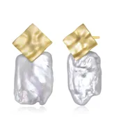 Genevive Sterling Silver 14K Gold Plated with Genuine Freshwater Pearl Drop Square Earrings