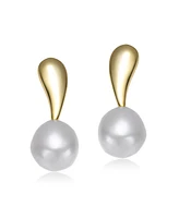 Genevive Sterling Silver 14K Gold Plated with Genuine Freshwater Round Pearl Stud Earrings