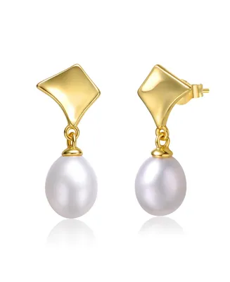 Genevive Sterling Silver 14k Yellow Gold with White Freshwater Pearl Drop Geometric Shield Retro Dangle Earrings