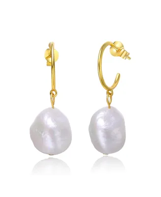 Genevive Sterling Silver 14k Yellow Gold Plated with Baroque Oval White Freshwater Pearl Dangle Drop C-Hoop Earrings