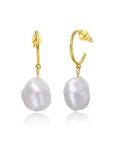 Genevive Sterling Silver 14k Yellow Gold Plated with Baroque Oval White Freshwater Pearl Dangle Drop C-Hoop Earrings