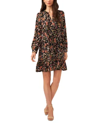 Vince Camuto Women's Floral Printed Long Sleeve Split Neck Baby Doll Dress