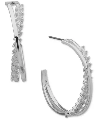 Anne Klein Silver-Tone Small Cubic Zirconia Crossover C-Hoop Earrings, 0.78"