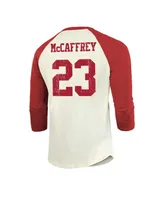 Men's Majestic Threads Christian McCaffrey Cream, Scarlet San Francisco 49ers Player Name and Number Raglan 3/4-Sleeve T-shirt