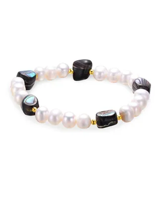 Genevive Sterling Silver White Gold Plated and Freshwater Pearl Abalone Bracelet