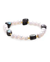 Genevive Sterling Silver White Gold Plated and Freshwater Pearl Abalone Bracelet