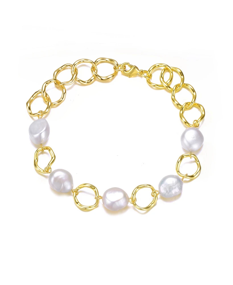 Genevive Sterling Silver 14K Gold Plated Genuine Freshwater Pearl Chain Bracelet