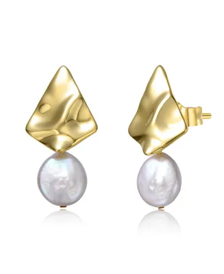 Genevive Sterling Silver 14k Yellow Gold Plated with White Coin Freshwater Pearl Drop Geometric Rippled 3D Double Dangle Earrings