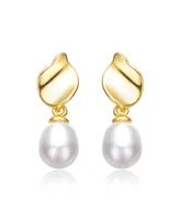 Genevive Sterling Silver 14k Yellow Gold Plated with Oval White Freshwater Pearl Seashell Design Double Dangle Earrings