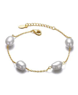 Genevive Sterling Silver 14k Yellow Gold Plated with Gray Freshwater Pearl Station Bracelet with Adjustable Extension Chain
