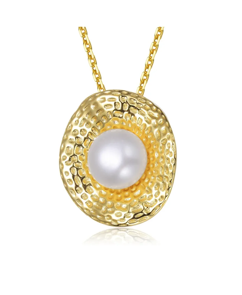 Genevive Sterling Silver 14K Gold Plated with Genuine Freshwater Pearl Hammered Pendant Necklace