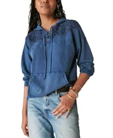 Lucky Brand Women's Embroidered Lace Up Hoodie Pullover Sweater