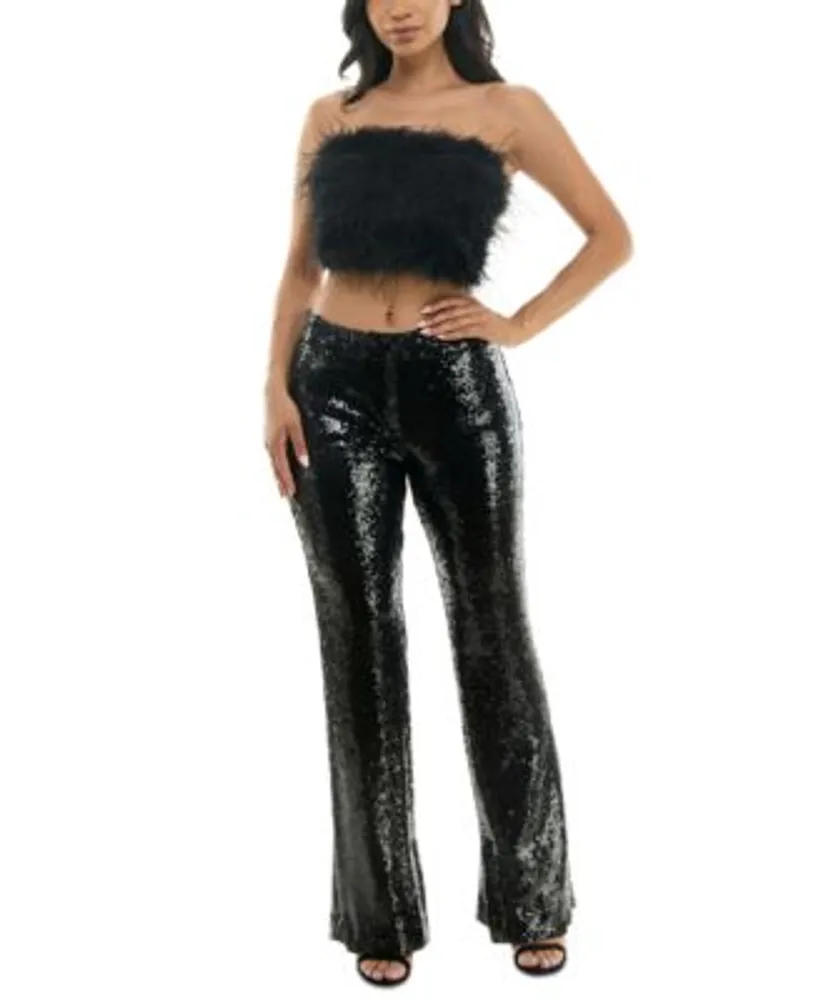 Alex Sophia Juniors Strapless Zip Back Feather Front Top Sequined Trousers