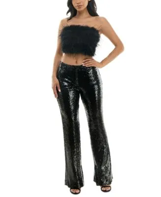 Alex Sophia Juniors Strapless Zip Back Feather Front Top Sequined Trousers
