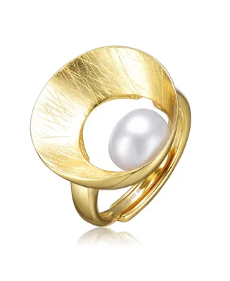 Sterling Silver 14K Gold Plated with Genuine Freshwater Pearl Geometric Ring