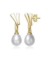 Genevive Sterling Silver 14k Yellow Gold Plated with White Freshwater Pearl Xoxo Hugs & Kisses Dangle Drop Earrings